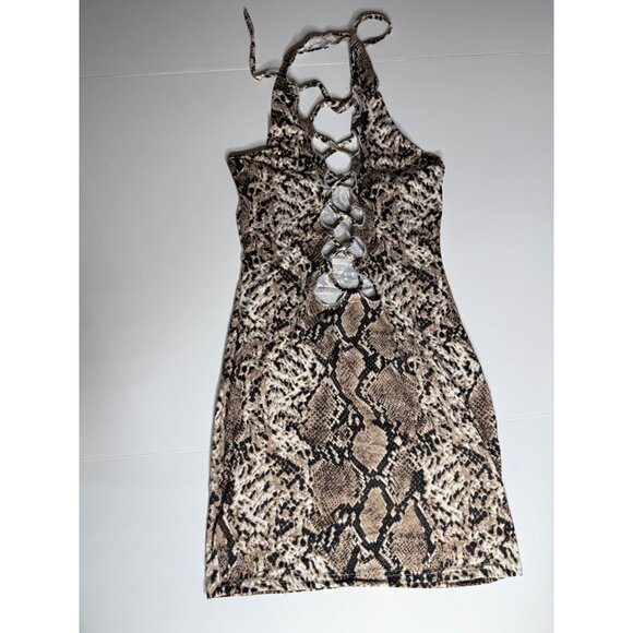 Snake Print Halter Mini Dress With Lace-Up Front Detail & Adjustable Neck Tie - Picture 1 of 4